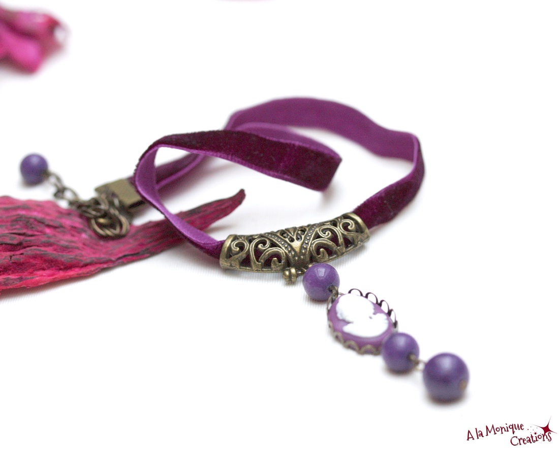 Colier choker cu jad violet si camee - bijuterii - coliere - coliere cu pandantive - Artynos.ro