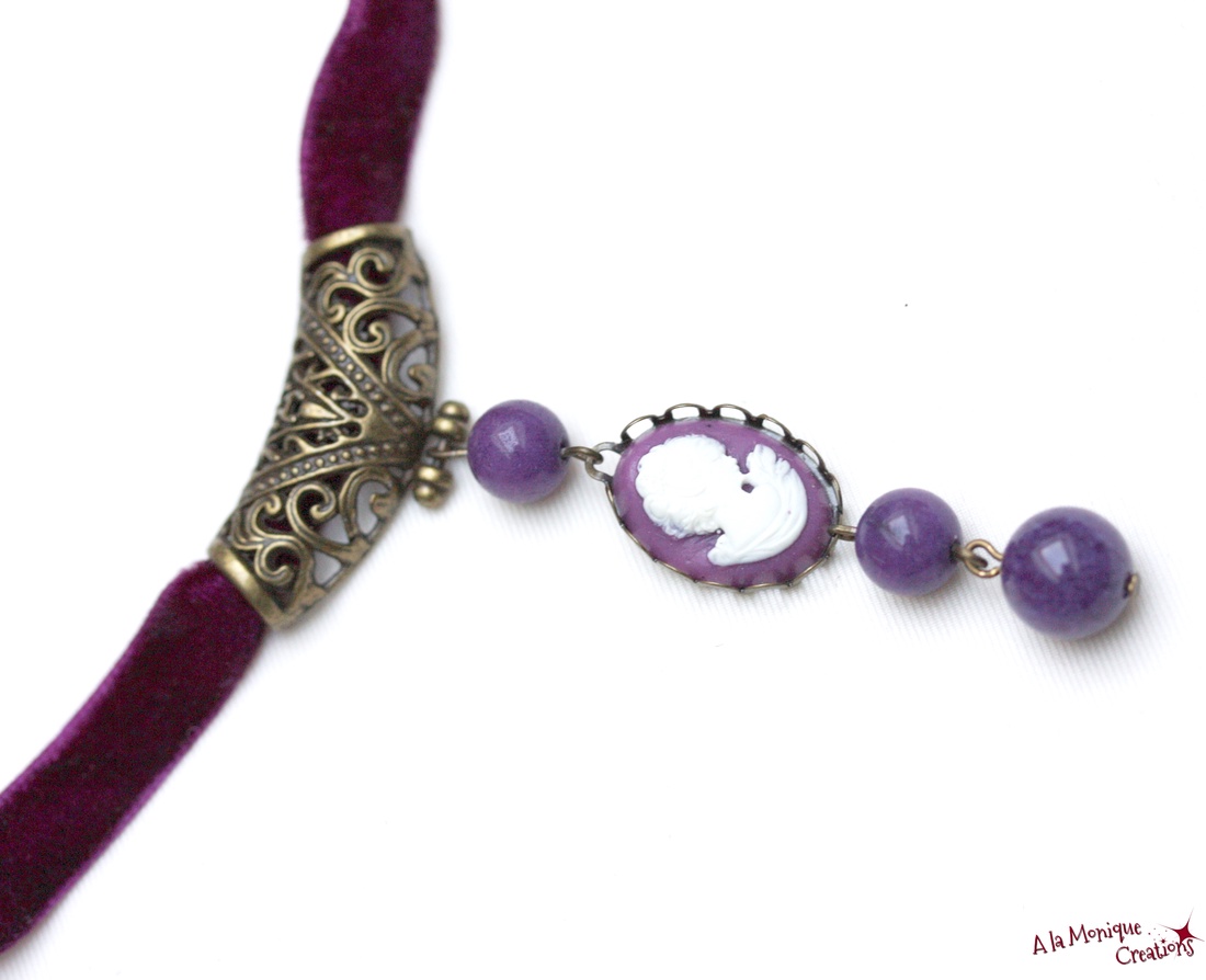 Colier choker cu jad violet si camee - bijuterii - coliere - coliere cu pandantive - Artynos.ro