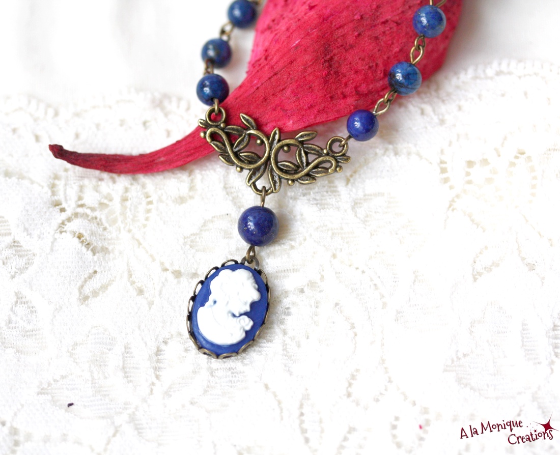 Colier choker cu camee si lapis lazuli - bijuterii - coliere - coliere cu pandantive - Artynos.ro