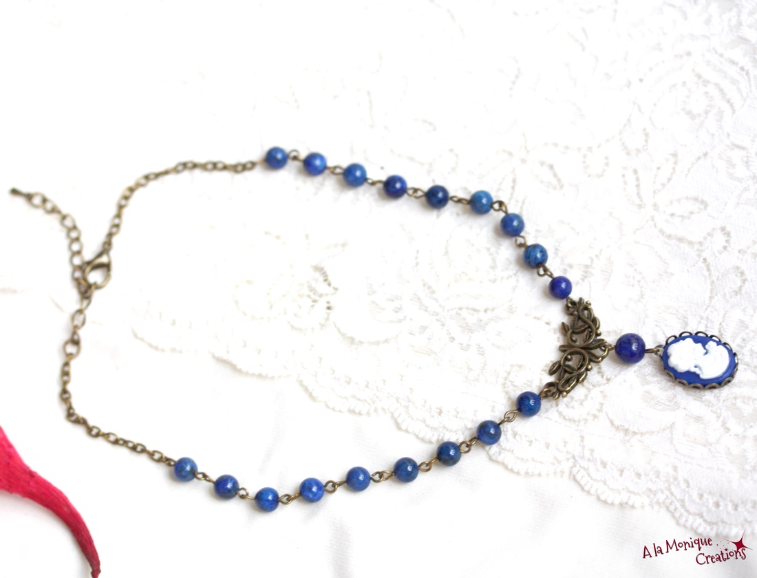 Colier choker cu camee si lapis lazuli - bijuterii - coliere - coliere cu pandantive - Artynos.ro