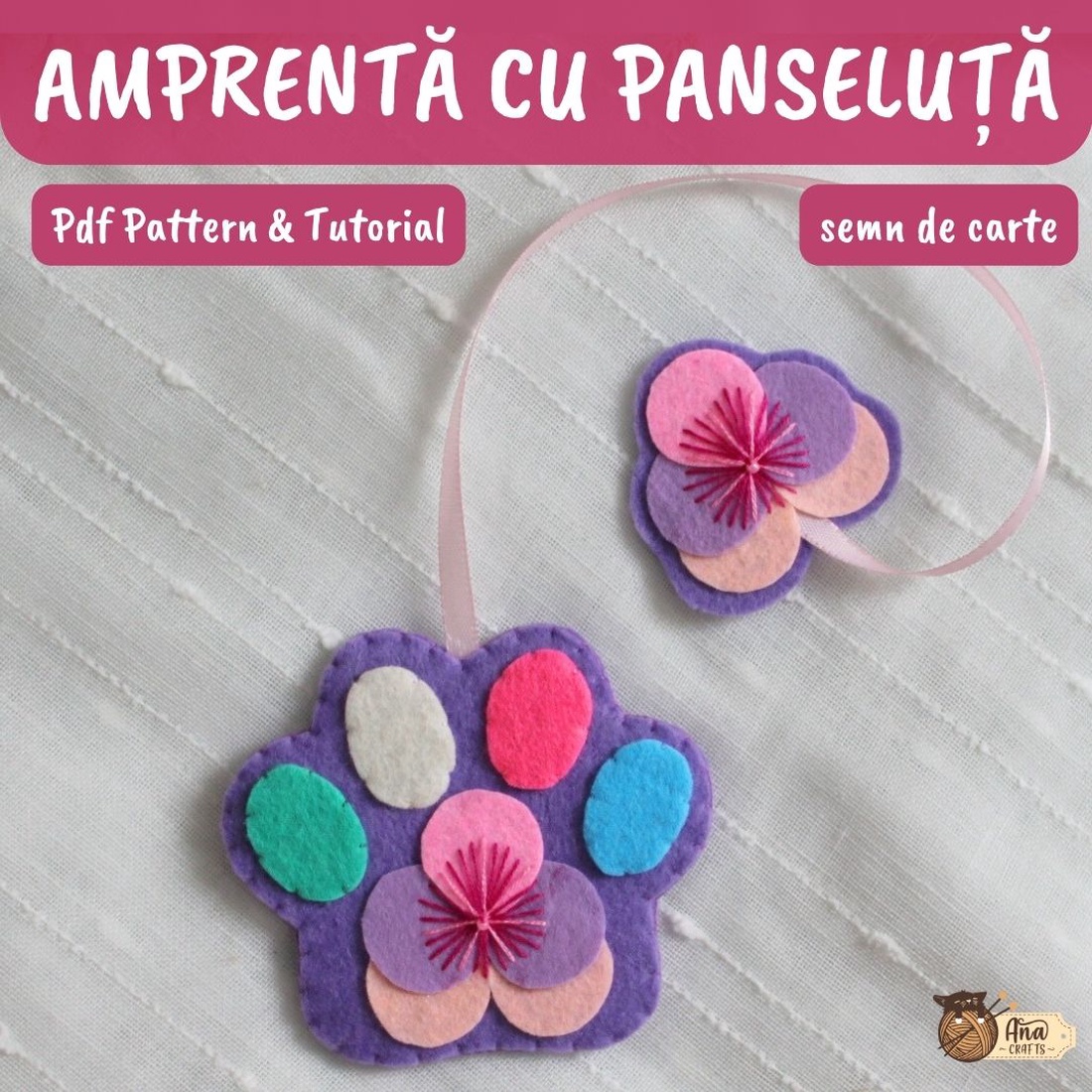 Pattern și tutorial PDF: Semn de carte Amprentă cu panseluță - accessorii și unelte - diy (descrieri) - șablon, ghid - Artynos.ro