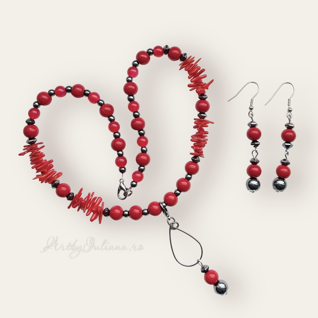 Set handmade Coral roșu - bijuterii - seturi de bijuterii - Artynos.ro