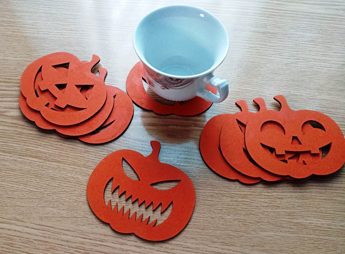 Set 8 suporturi pahare cu tematica Halloween, MDF de 2.5 mm, dimensiuni 10 x 9 cm, vopsite in culori acrilice - accesorii locuință - accesorii pentru decorat casa - halloween - tot ce ai nevoie pentru petrecere! - ornamente de halloween - Artynos.ro