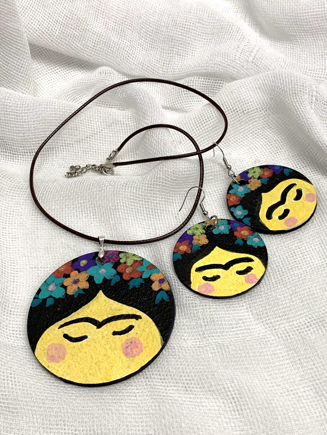 Set bijuterii unicat -pictat manual (motiv Frida Kahlo ) - accesorii nuntă - seturi bijuterii mireasă - set bijuterii de mireasă - Artynos.ro