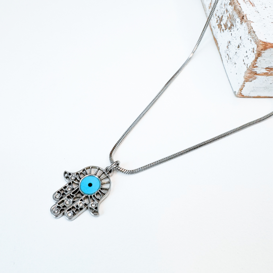 COLIER HAMSA DIN OTEL INOXIDABIL CU EVIL EYE BLEU - PROTECTIE ENERGII NEGATIVE - bijuterii - coliere - coliere cu pandantive - Artynos.ro