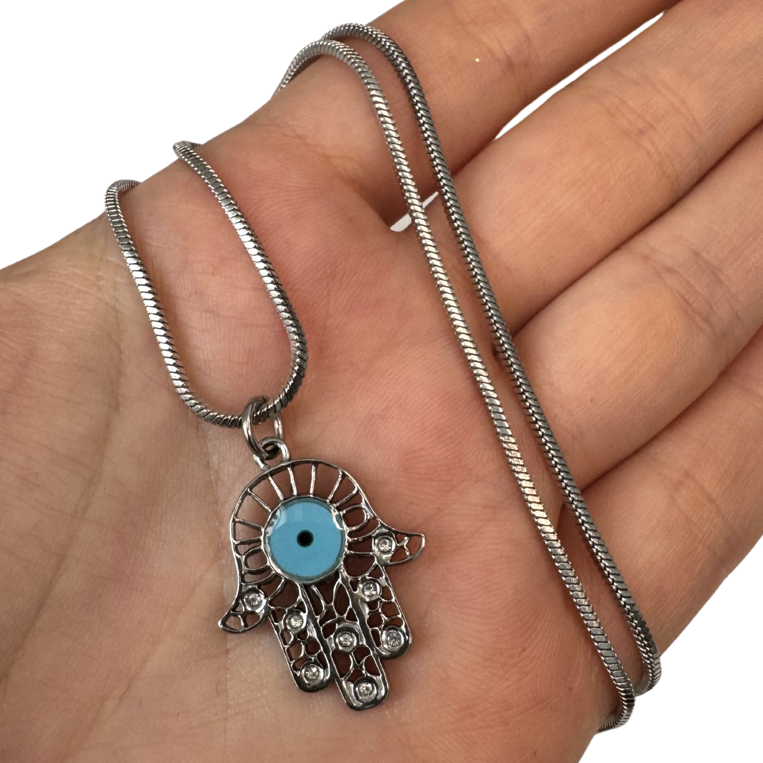 COLIER HAMSA DIN OTEL INOXIDABIL CU EVIL EYE BLEU - PROTECTIE ENERGII NEGATIVE - bijuterii - coliere - coliere cu pandantive - Artynos.ro