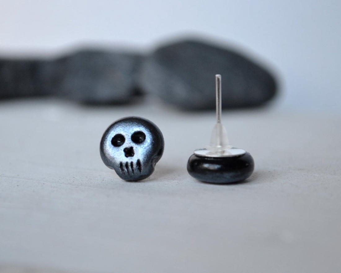 Cercei negru cu argintiu din fimo, cercei posturi cercei cu tija cercei clipsuri cercei minimali, cadou femeie - casă & stil de viață - accesorii pentru decorat casa - halloween - tot ce ai nevoie pentru petrecere! - bijuterii halloween - Artynos.ro