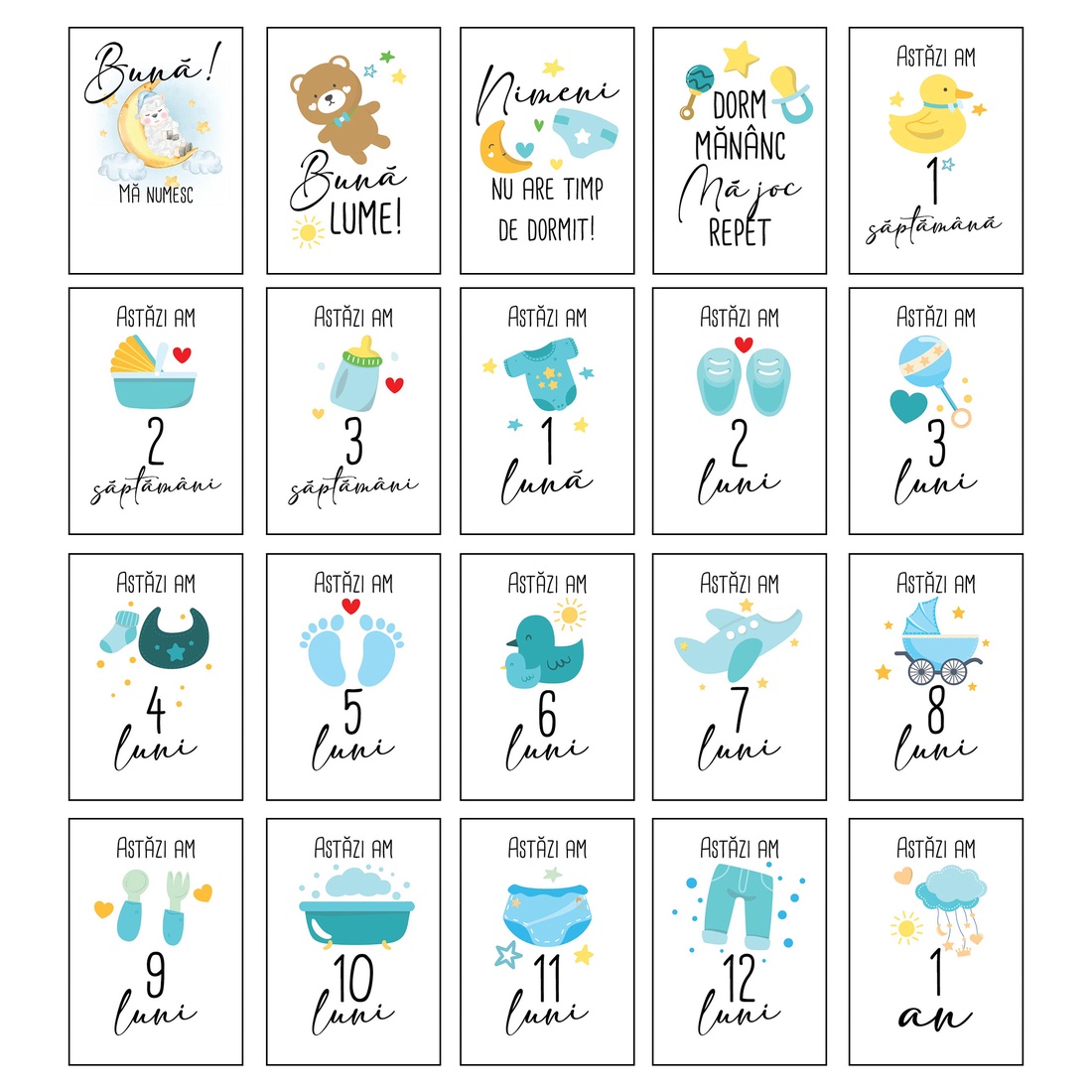 Set 20 cartonase aniversare de tip baby milestone pentru fotografierea bebelusului -model baieti - jucării și echipamente pentru copii - daruri de botez - Artynos.ro