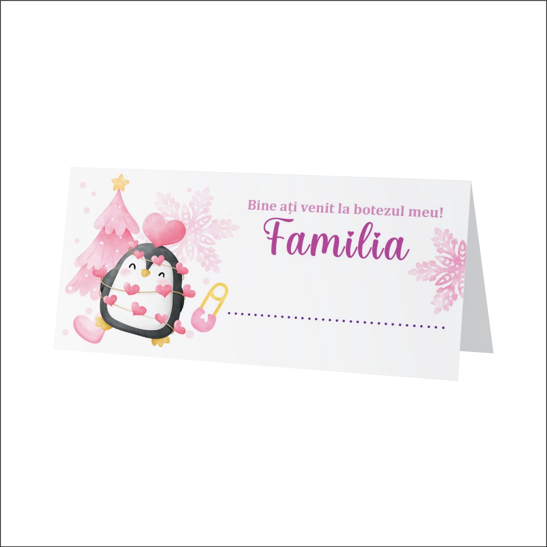 Plic de bani pentru botez model pinguin roz, iarna, baby girl - accesorii nuntă - amintiri și cadouri de nuntă - cadou nuntă - plic de bani, card - Artynos.ro