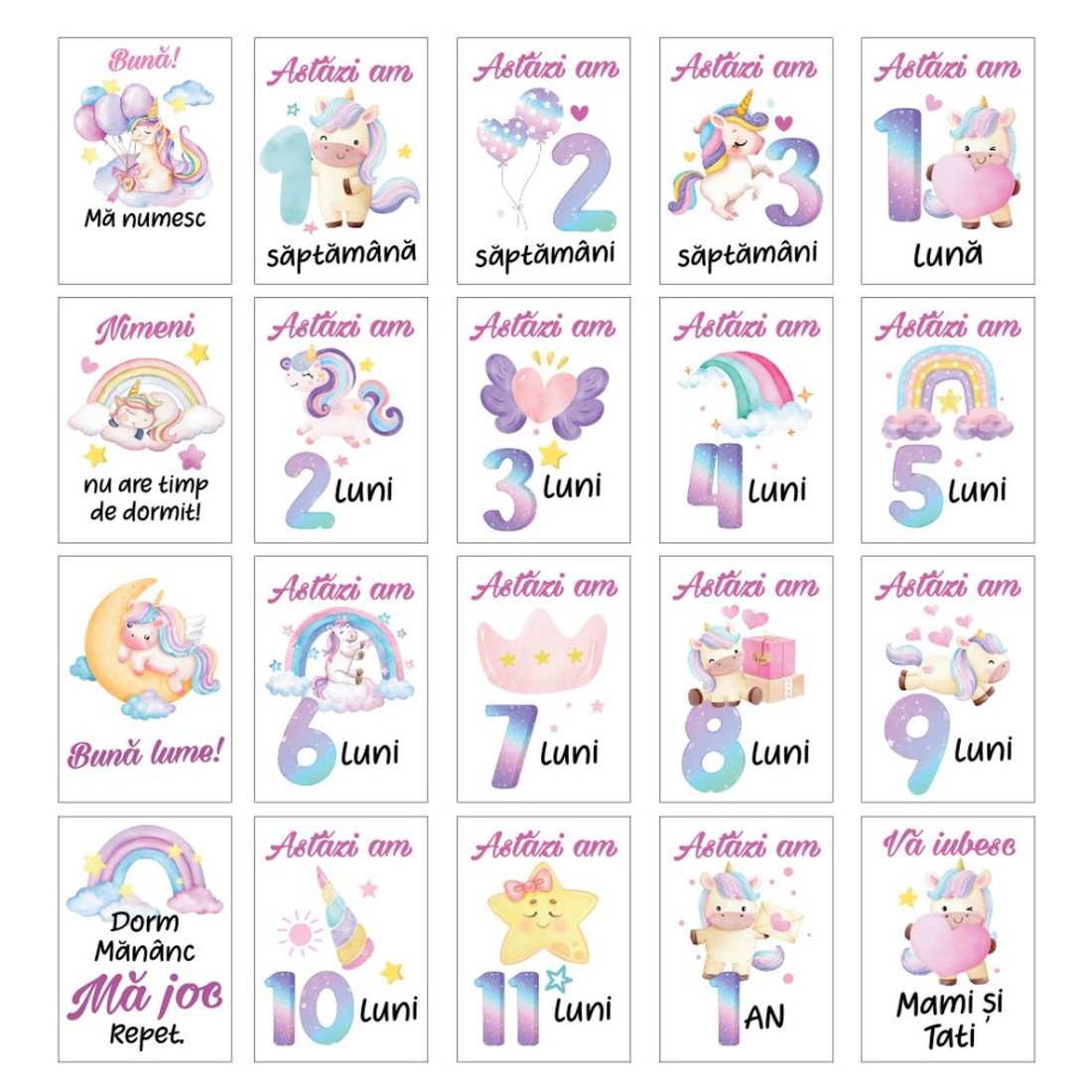 Set 20 cartonase aniversare de tip baby milestone pentru fotografierea bebelusului tau, model Unicorn roz - jucării și echipamente pentru copii - daruri de botez - Artynos.ro