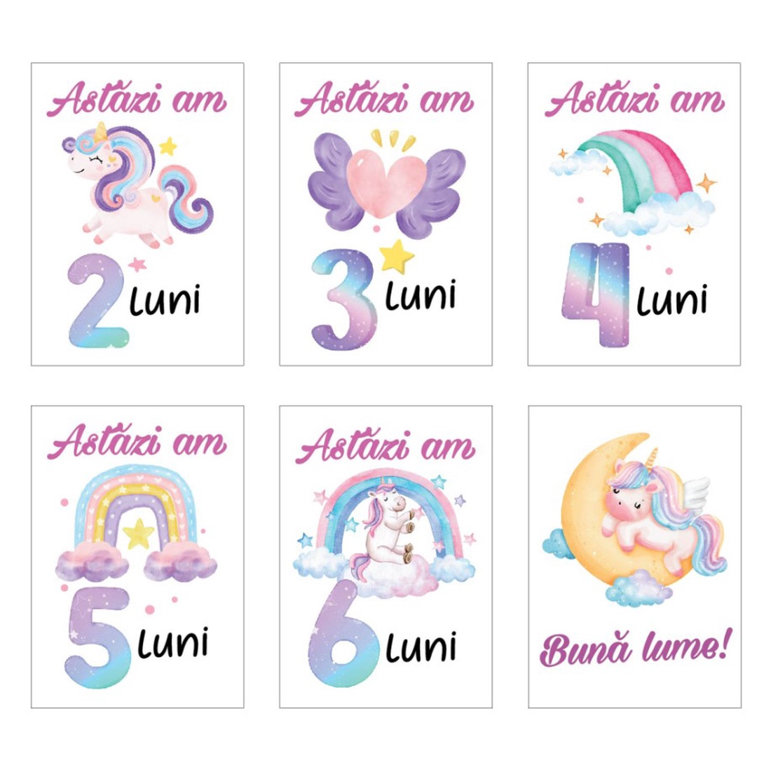 Set 20 cartonase aniversare de tip baby milestone pentru fotografierea bebelusului tau, model Unicorn roz - jucării și echipamente pentru copii - daruri de botez - Artynos.ro