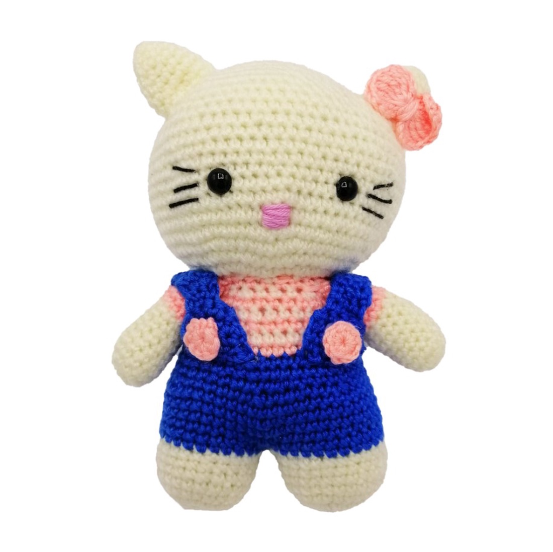 Jucarie Hello Kitty, salopeta albastra, crosetata manual, 19 cm - jucării și echipamente pentru copii - jucării de pluș - pisică de pluș - Artynos.ro