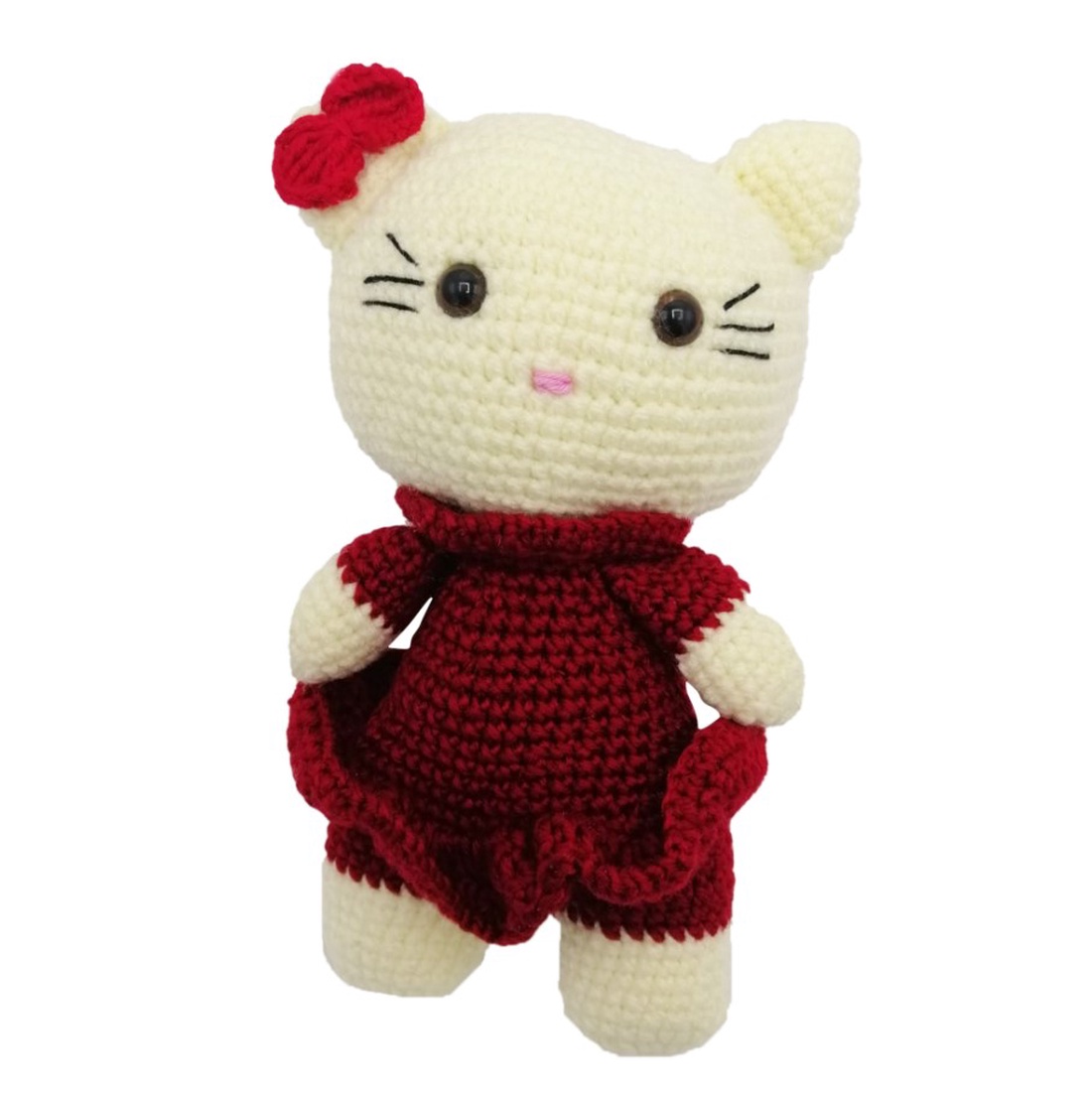 Jucarie Hello Kitty, rochita rosie, crosetata manual, 24 cm - jucării și echipamente pentru copii - jucării de pluș - pisică de pluș - Artynos.ro