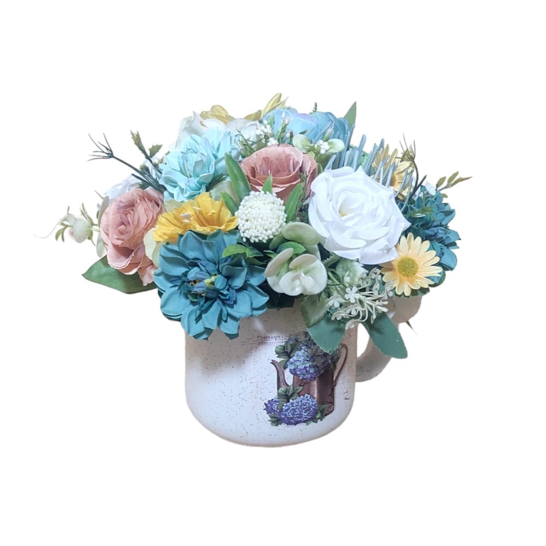 Aranjament floral galben turcoaz in cana ceramica - accesorii locuință - accesorii pentru decorat casa - decorațiuni de masă și decorațiuni pentru rafturi  - boluri din ceramică, boluri decorative - Artynos.ro