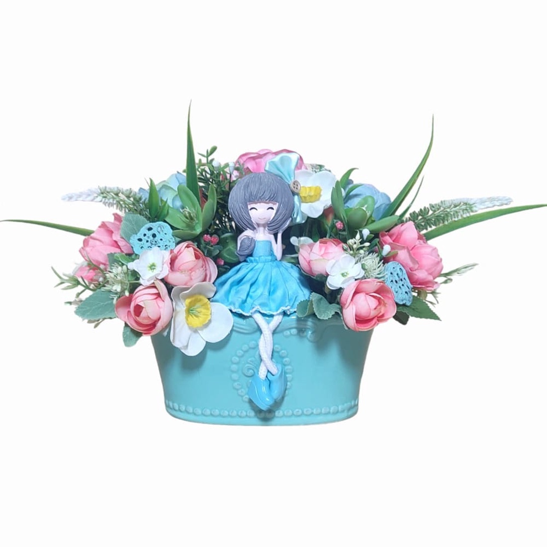 Aranjament floral roz bleu in vas ceramic turcoaz - accesorii locuință - accesorii pentru decorat casa - decorațiuni de masă și decorațiuni pentru rafturi  - boluri din ceramică, boluri decorative - Artynos.ro