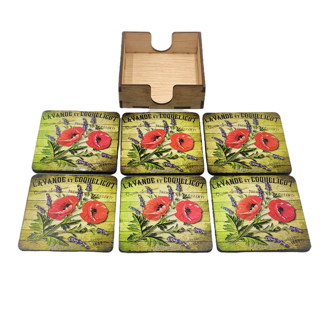 Set sase suporti pahare din mdf de 9 x 9 cm, cu cutie, design vintage cu lavanda si maci - accesorii locuință - accesorii pentru echipamente de bucătărie - accesorii de servire - suporturi pahare - Artynos.ro