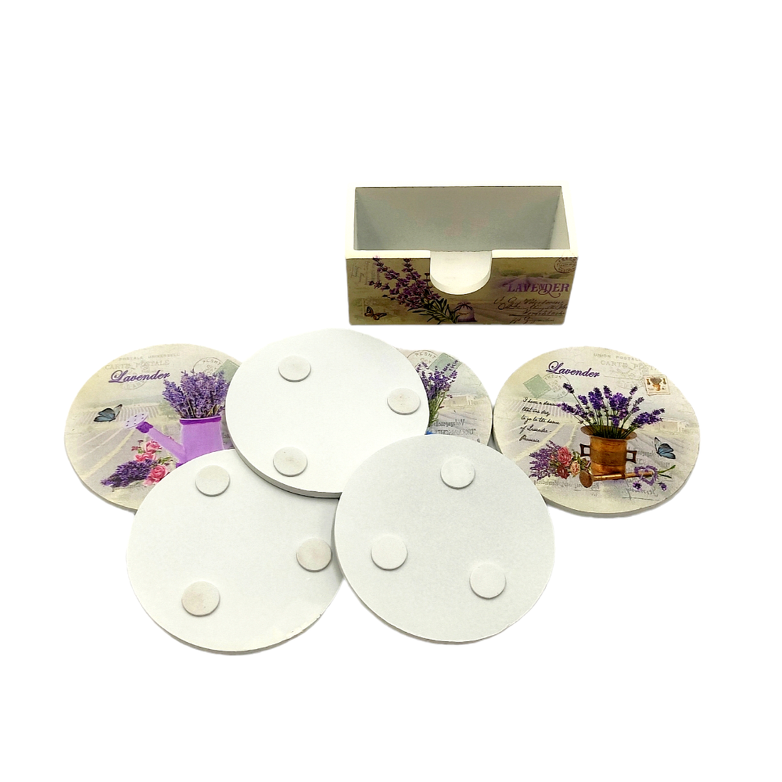 Set 6 suporti rotunzi de pahare din lemn de 9,8 cm diametru si cutie depozitare, design lavanda si fluturi, multicolori - accesorii locuință - accesorii pentru echipamente de bucătărie - accesorii de servire - suporturi pahare - Artynos.ro