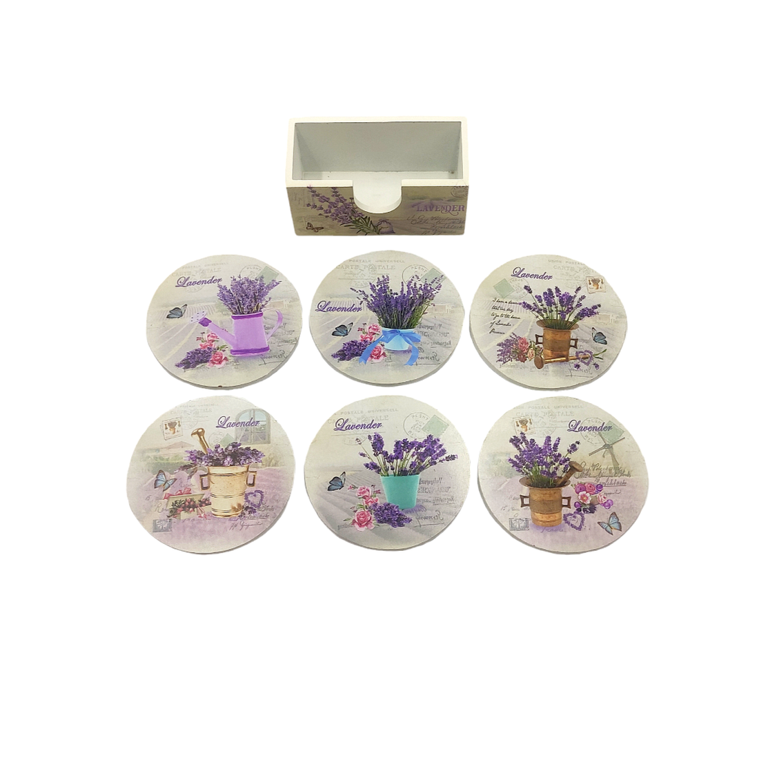 Set 6 suporti rotunzi de pahare din lemn de 9,8 cm diametru si cutie depozitare, design lavanda si fluturi, multicolori - accesorii locuință - accesorii pentru echipamente de bucătărie - accesorii de servire - suporturi pahare - Artynos.ro