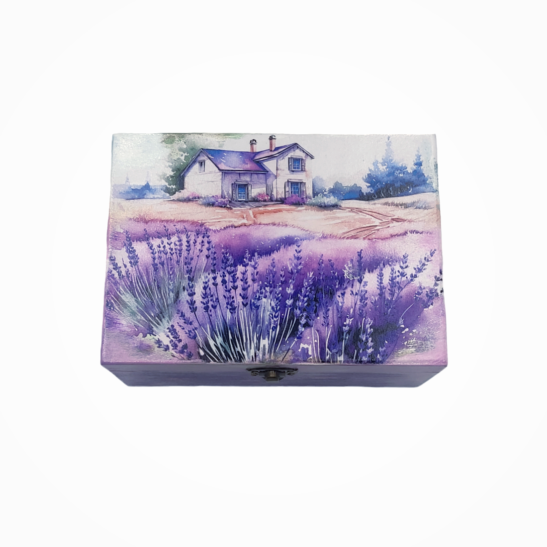 Cutie lemn, casa si lavanda, decorata si vopsita manual, unicat - accesorii locuință - materiale de depozitare și sortare - cutie - Artynos.ro