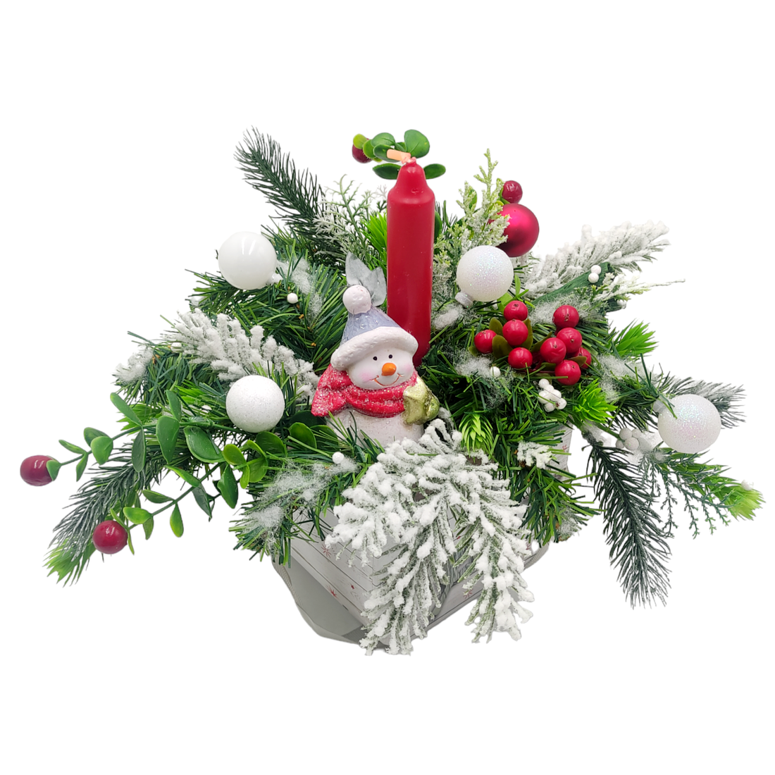 Aranjament handmade pentru sarbatori de iarna cu lumanare si om de zapada cu steluta - accesorii de crăciun - decorațiuni de advent - decor de masa advent - Artynos.ro