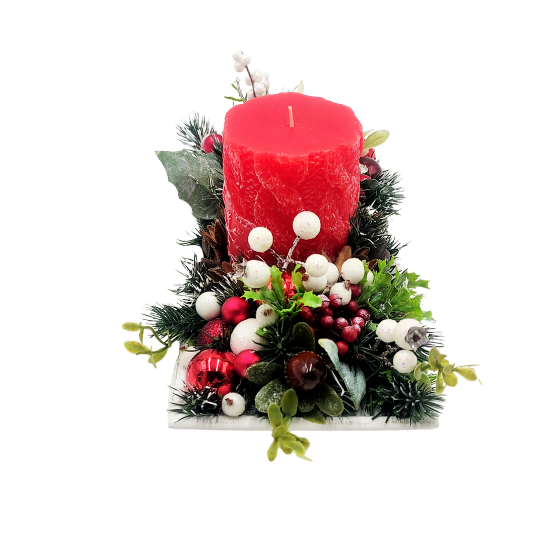 Aranjament pentru Craciun, alb verde rosu,  cu lumanare cilindrica  - accesorii de crăciun - decorațiuni de advent - decor de masa advent - Artynos.ro