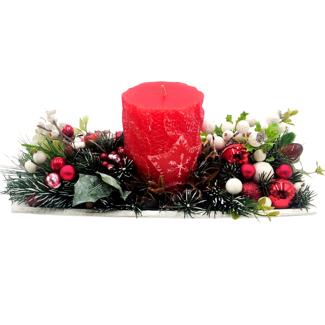 Aranjament pentru Craciun, alb verde rosu,  cu lumanare cilindrica  - accesorii de crăciun - decorațiuni de advent - decor de masa advent - Artynos.ro