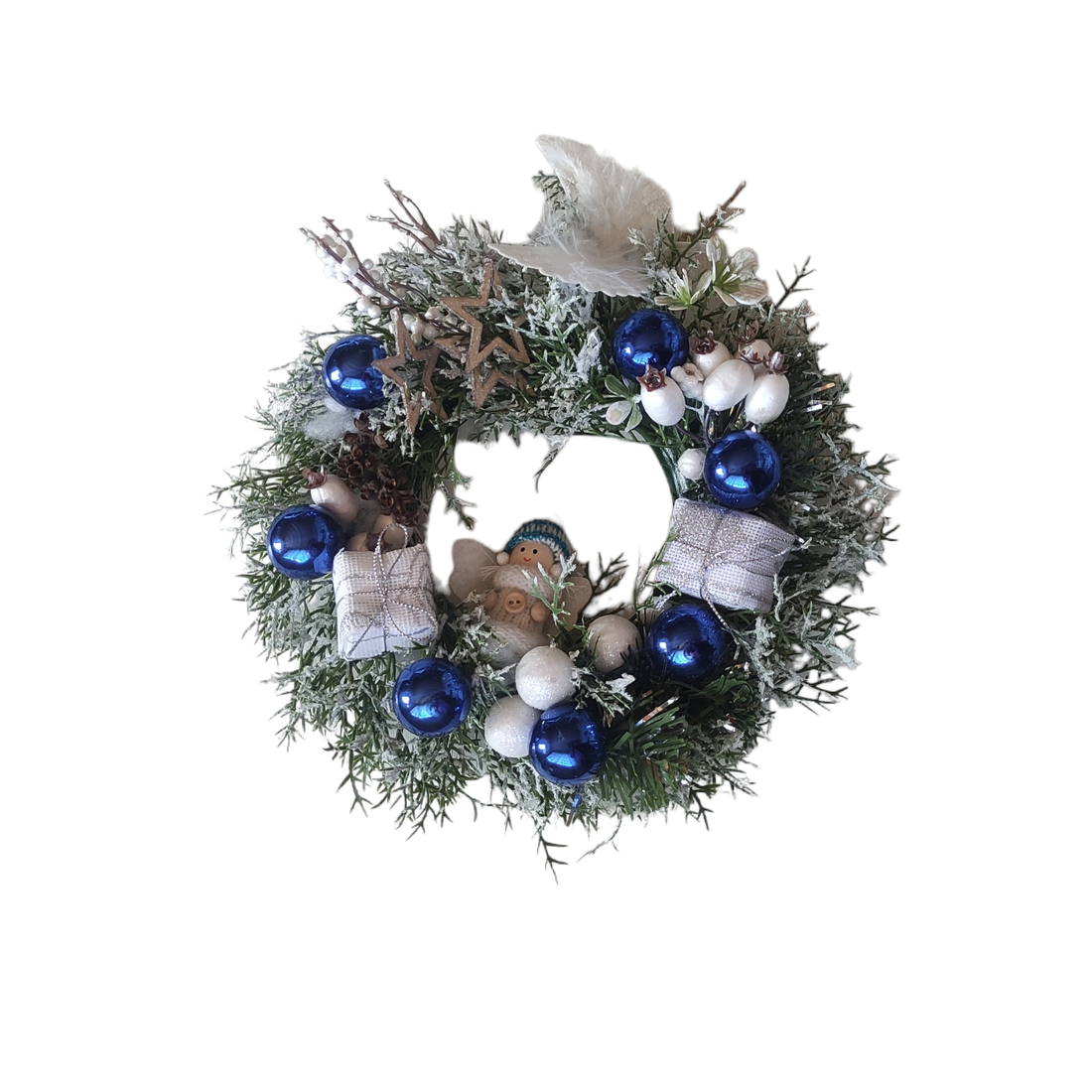 Coronita pentru Craciun, cu globuri albastre din sticla si figurina cu hainute 26 cm ,  3105 - accesorii de crăciun - decorațiuni de advent - coroniță advent - Artynos.ro