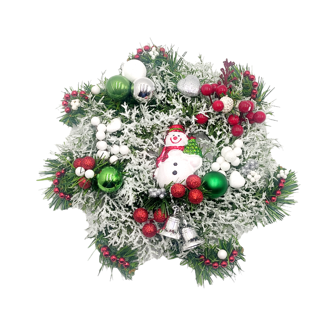 Coronita Craciun lucrata manual, unicat, cu om de zapada si globulete, 28 cm   3587 - accesorii de crăciun - decorațiuni de advent - coroniță advent - Artynos.ro