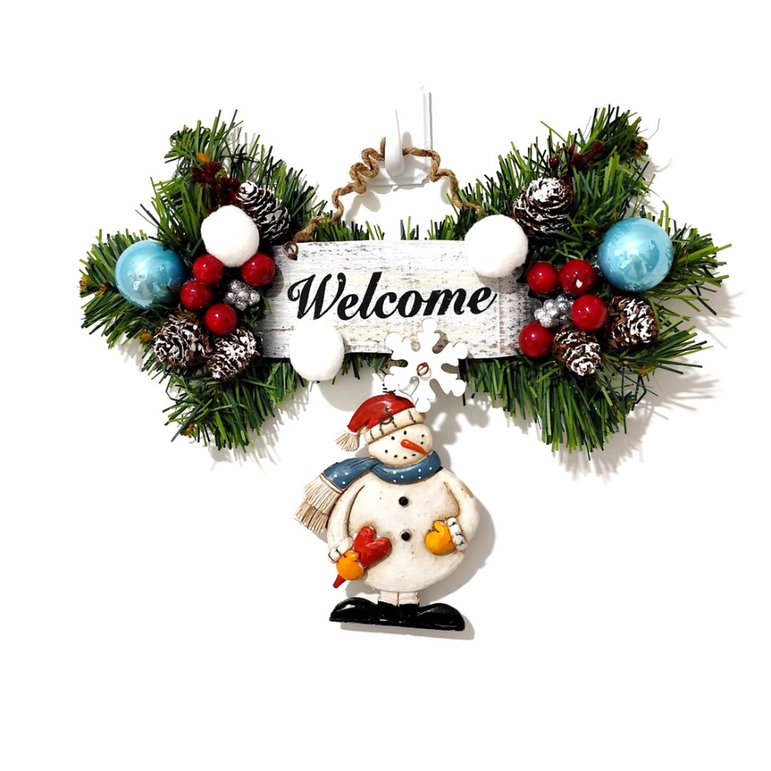 Decoratiune Welcome pentru Craciun, cu om de zapada si globulete,   - accesorii de crăciun - decorațiuni de crăciun de casă - decorațiuni uși de crăciun - Artynos.ro