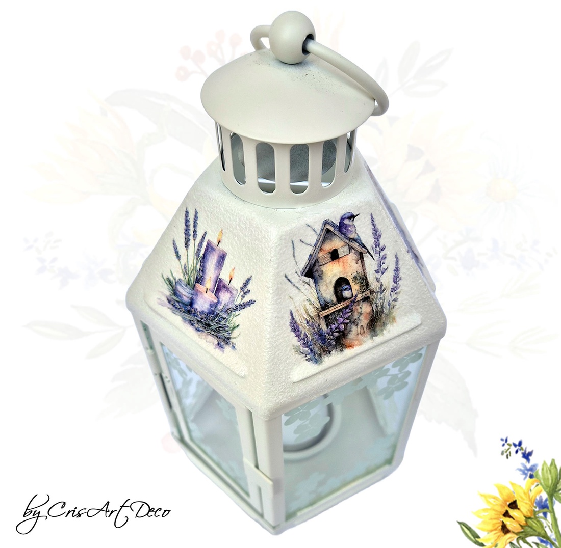 Felinar decorativ alb din metal cu model lavanda - 120806 - casă & stil de viață - lumânări, parfumuri, arome - suport lumânări - Artynos.ro