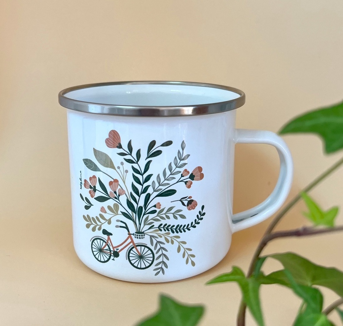 Cană din metal personalizată cu ilustrație de bicicletă și flori - casă & stil de viață - accesorii pentru echipamente de bucătărie - accesorii de servire - căni - Artynos.ro