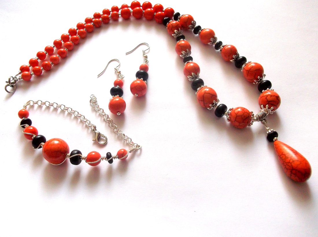 set howlite portocaliu si negru 41534 - bijuterii - seturi de bijuterii - Artynos.ro