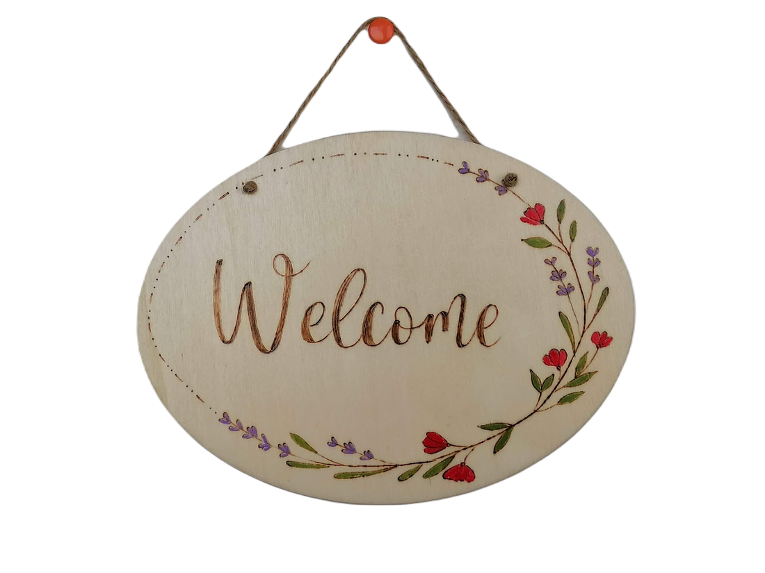 Tablita pirogravata - Welcome - casă & stil de viață - accesorii pentru decorat casa - decorațiuni de geam și decorațiuni de ușă  - ornamente de ușă  - Artynos.ro