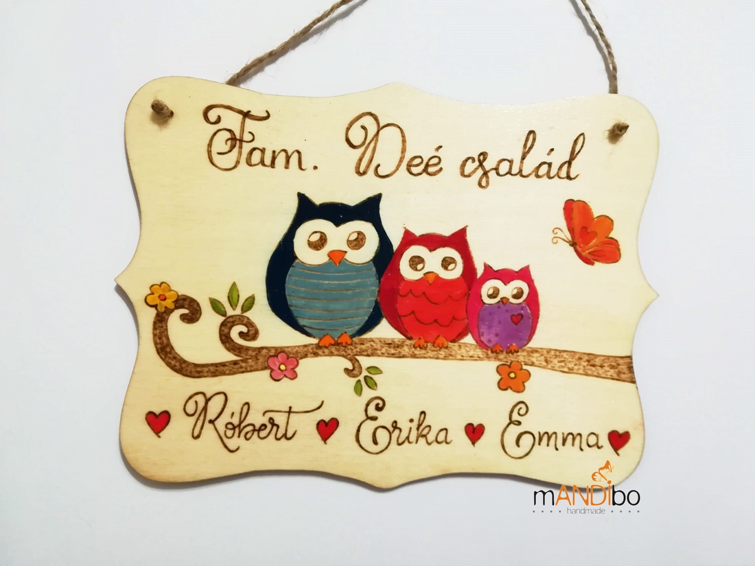 Tabliță pirogravată personalizabilă cu bufnițe  - casă & stil de viață - accesorii pentru decorat casa - decorațiuni de geam și decorațiuni de ușă  - ornamente de ușă  - Artynos.ro