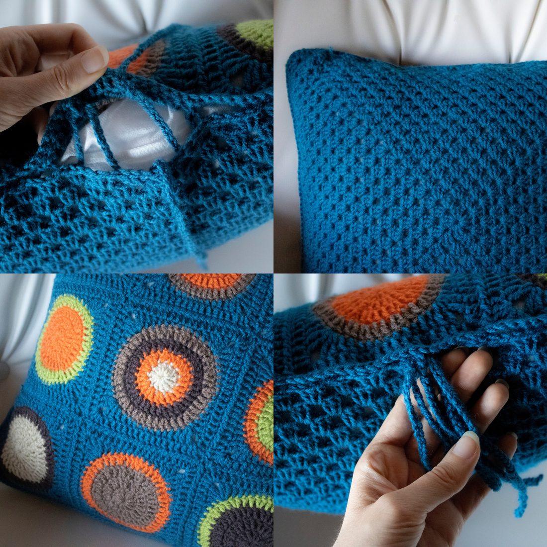 Fata de perna crosetata cu doua fete de 40x40cm.Una dintre fete este din granny squares, iar cealalta monocroma. - casă & stil de viață - textile de casă - perne decorative, perne - Artynos.ro