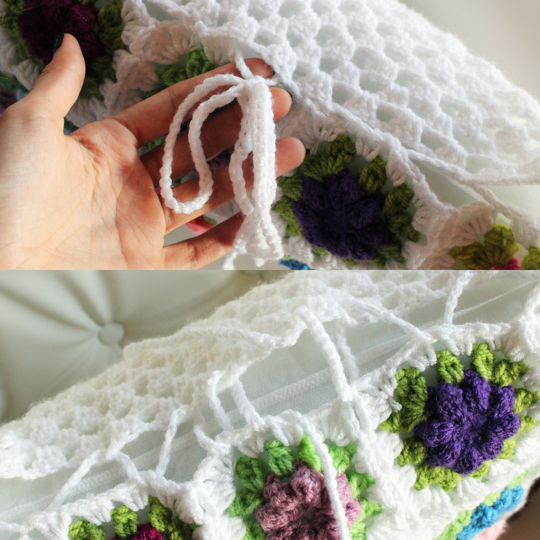 Fata de perna crosetata cu doua fete de 40x40cm.Una dintre fete este din granny squares, iar cealalta simpla. - casă & stil de viață - textile de casă - perne decorative, perne - Artynos.ro