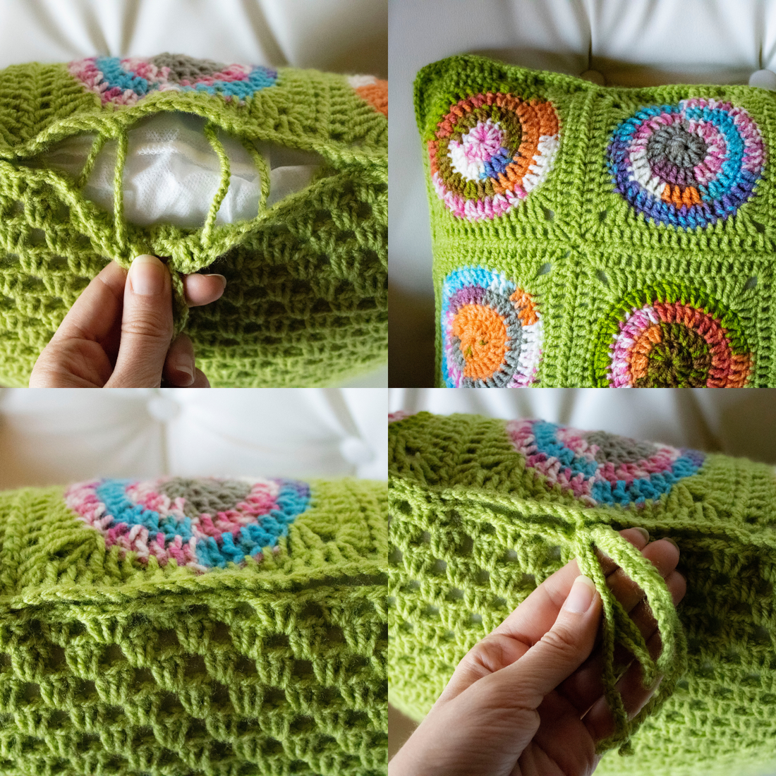 Fata de perna crosetata cu doua fete de 40x40cm.Una dintre fete este din granny squares, iar cealalta monocroma. - casă & stil de viață - textile de casă - perne decorative, perne - Artynos.ro