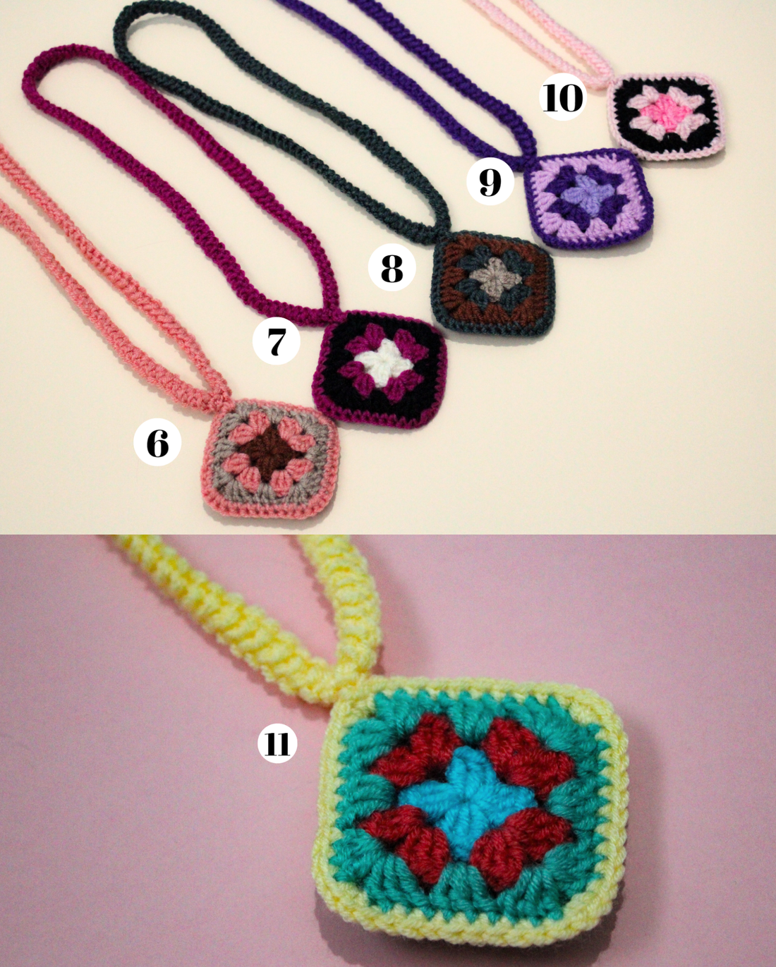 Colier crosetati din fir acrilic. Coliere facute din granny squares (patratul bunicii) - bijuterii - coliere - coliere lungi - Artynos.ro