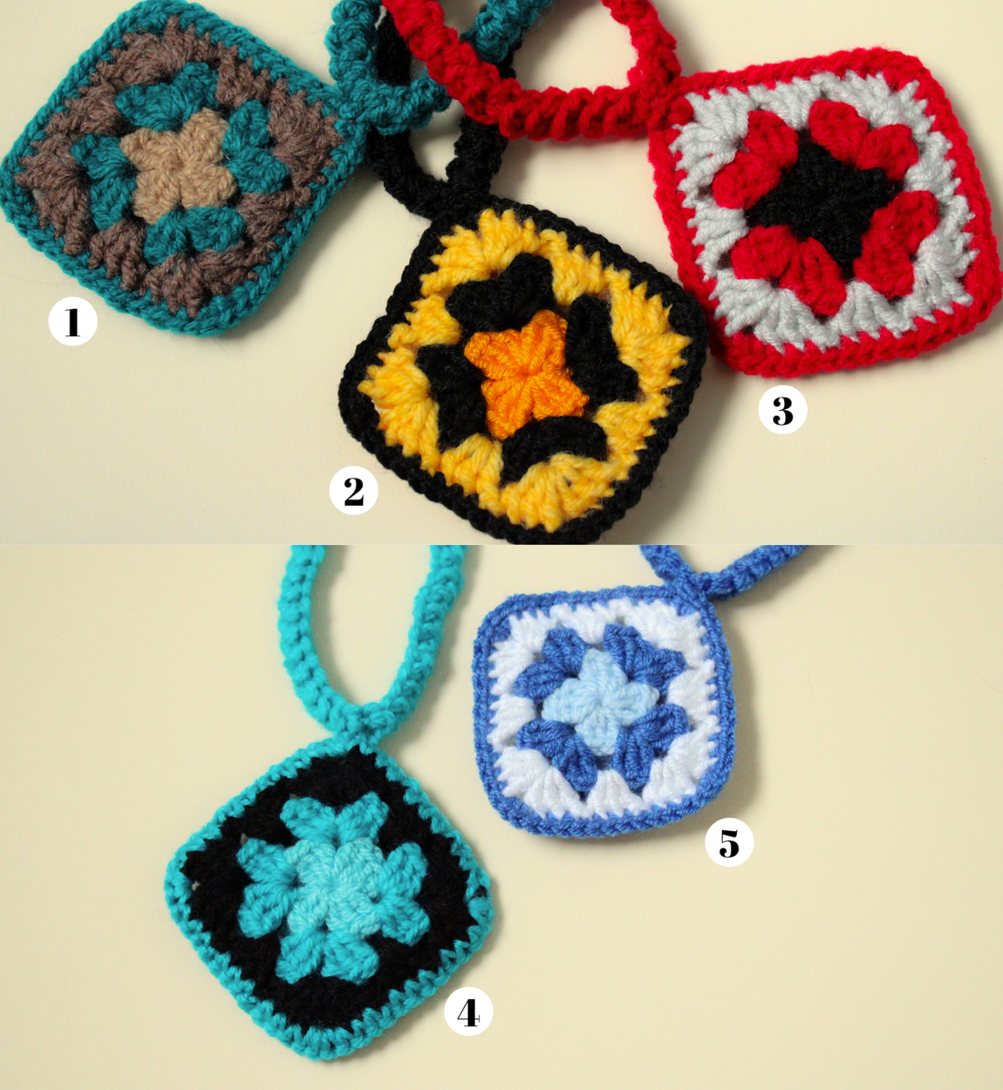 Colier crosetati din fir acrilic. Coliere facute din granny squares (patratul bunicii) - bijuterii - coliere - coliere lungi - Artynos.ro