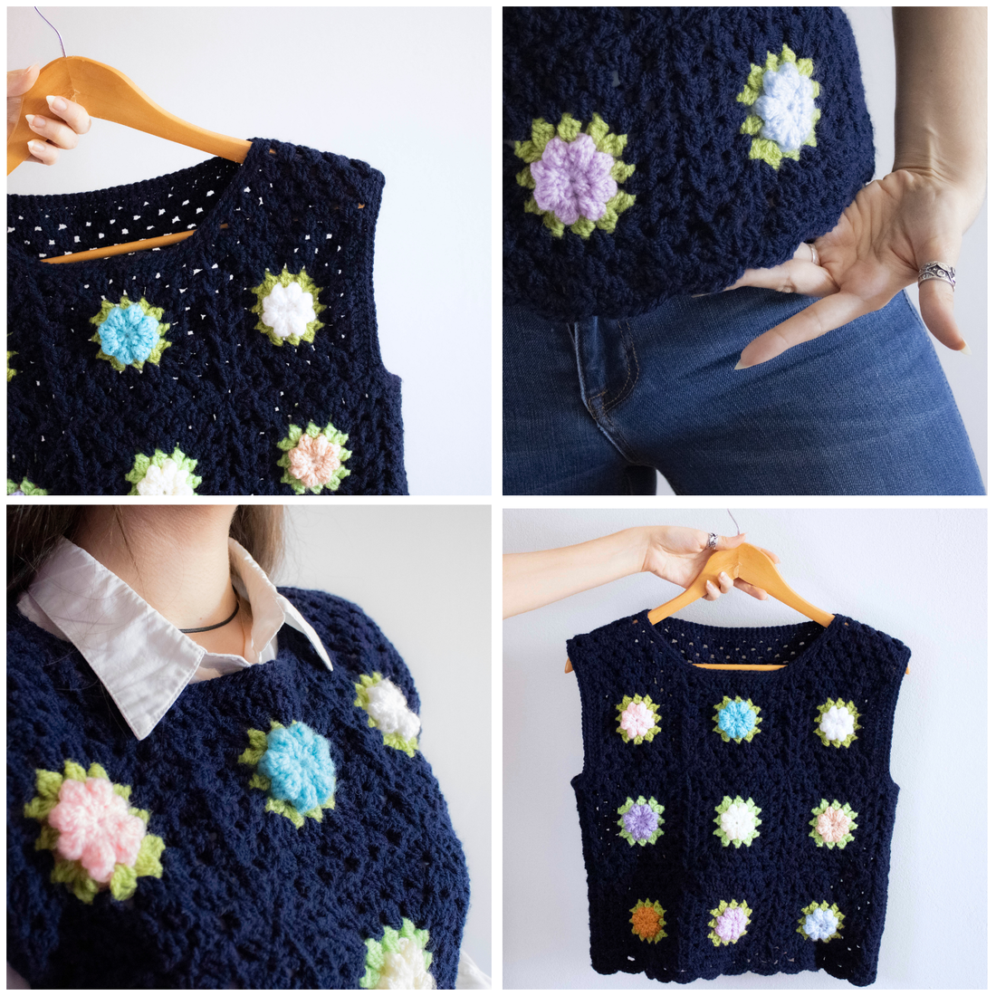 S - Vesta crosetata din fir acrilic realizata din granny squares florale - îmbrăcăminte și modă - haine damă - tricou și top de damă - Artynos.ro