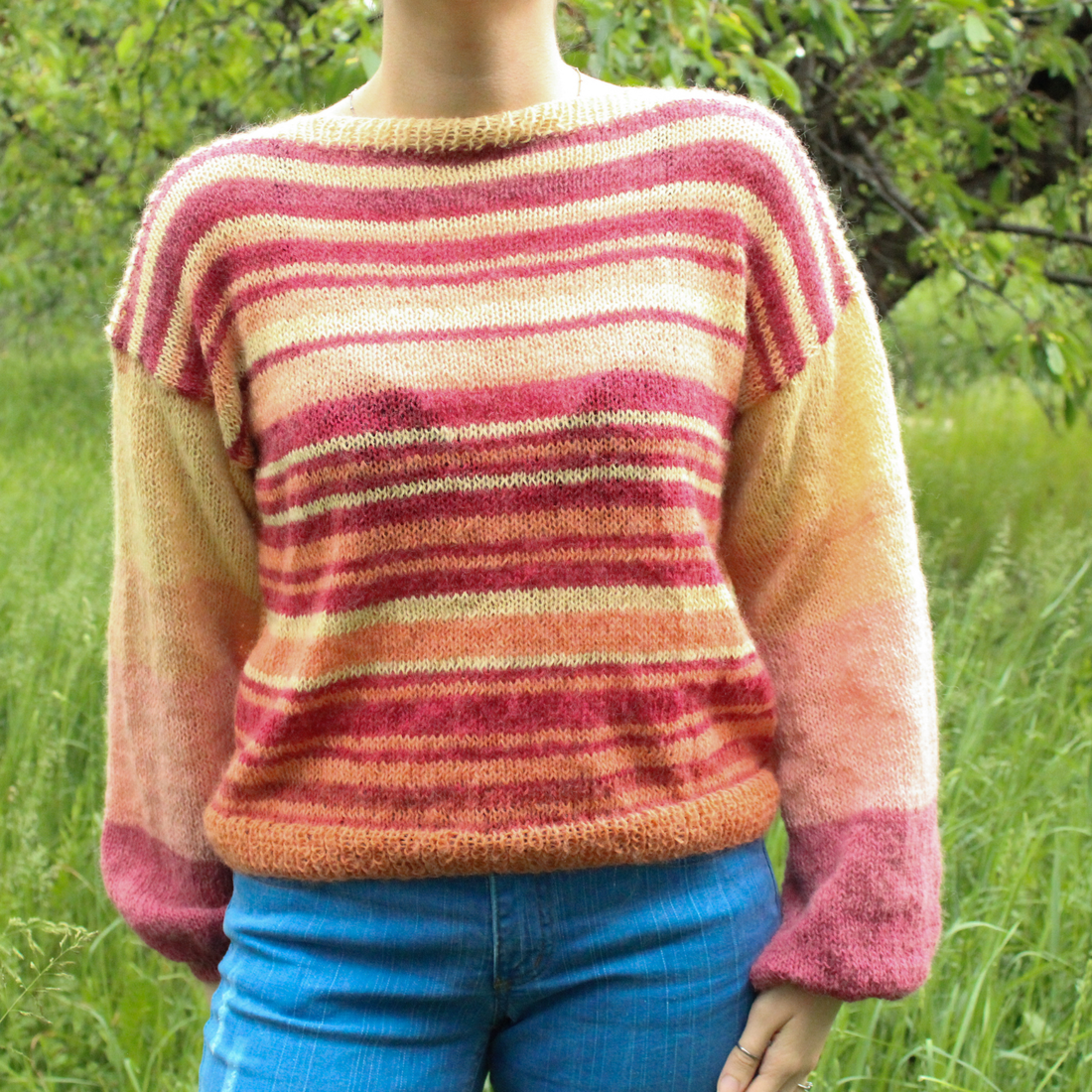 M - Pulover tricotat manual din mohair, lana si fir acrilic dungat. - îmbrăcăminte și modă - haine damă - tricou și top de damă - Artynos.ro