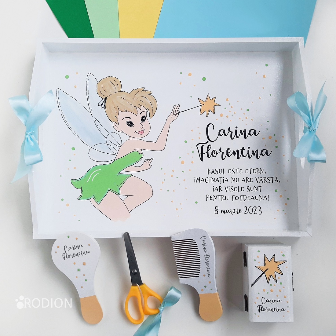 Set prima aniversare Tinkerbell tava mot personalizata pictata manual - jucării și echipamente pentru copii - saci și seturi pentru copii - seturi pentru copii - Artynos.ro