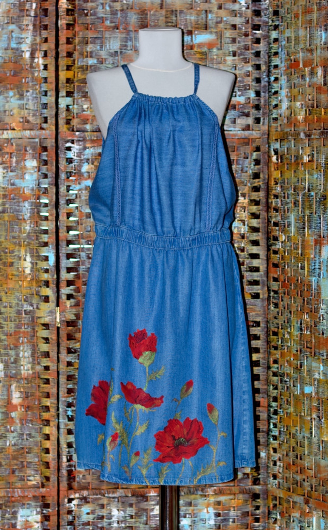 Rochie denim, pictata manual, unicat , Maci - îmbrăcăminte și modă - haine damă - rochie, dintr-o bucată - Artynos.ro