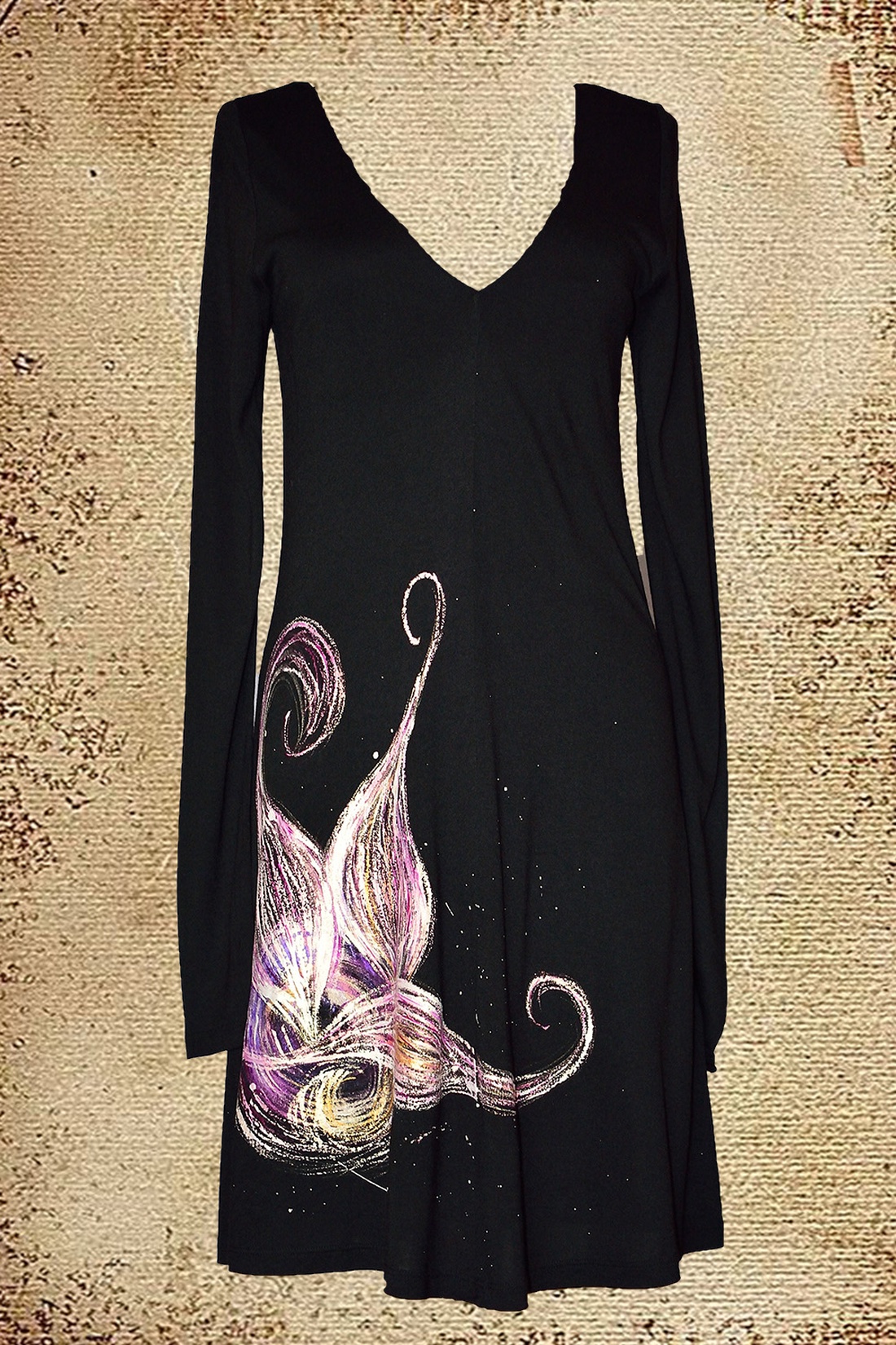 Rochie neagra, pictata manual, unicat - îmbrăcăminte și modă - haine damă - rochie, dintr-o bucată - Artynos.ro