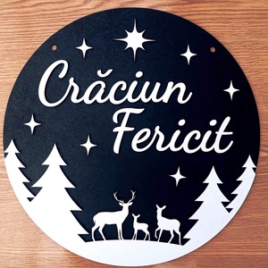 Decoratiune pentru usa cu mesajul Craciun Fericit, MDF, diametru 33 cm - Artynos.ro