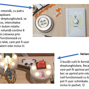 Panou senzorial din lemn cu luminițe, pentru copii 2-6 ani cu diferite exerciții care pot stimula dezvoltarea senzorială - jucării și echipamente pentru copii - jocuri de gândire - curcubeu montessori, jocuri waldorf - Artynos.ro