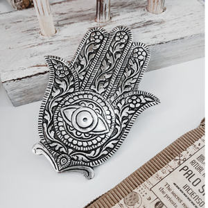 SUPORT METALIC ARGINTIU PENTRU BETISOARE PARFUMATE - PALMA HAMSA - casă & stil de viață - accesorii pentru decorat casa - decorațiuni cu tematică spirituală - tămâie și suport tămâie - Artynos.ro