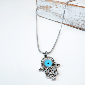 COLIER HAMSA DIN OTEL INOXIDABIL CU EVIL EYE BLEU - PROTECTIE ENERGII NEGATIVE - bijuterii - coliere - coliere cu pandantive - Artynos.ro