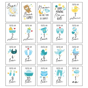 Set 20 cartonase aniversare de tip baby milestone pentru fotografierea bebelusului -model baieti, Jucării și echipamente pentru copii, Daruri de botez, Fotografie, grafică, desen, ilustrație, ARTYNOS