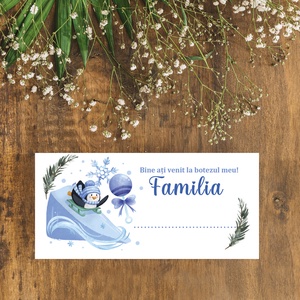 Plic de bani pentru botez model pinguin albastru, iarna, baby boy - accesorii nuntă - amintiri și cadouri de nuntă - cadou nuntă - plic de bani, card - Artynos.ro